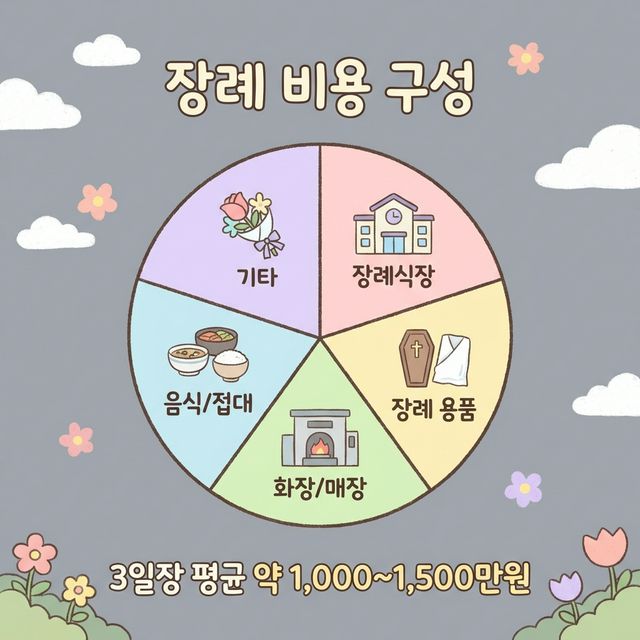 장례 비용 구성 - 장례식장, 장례용품, 화장/매장, 음식/접대, 기타