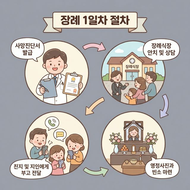 1일차 절차 - 사망진단서, 장례식장 준비, 친지 연락, 제단 설치