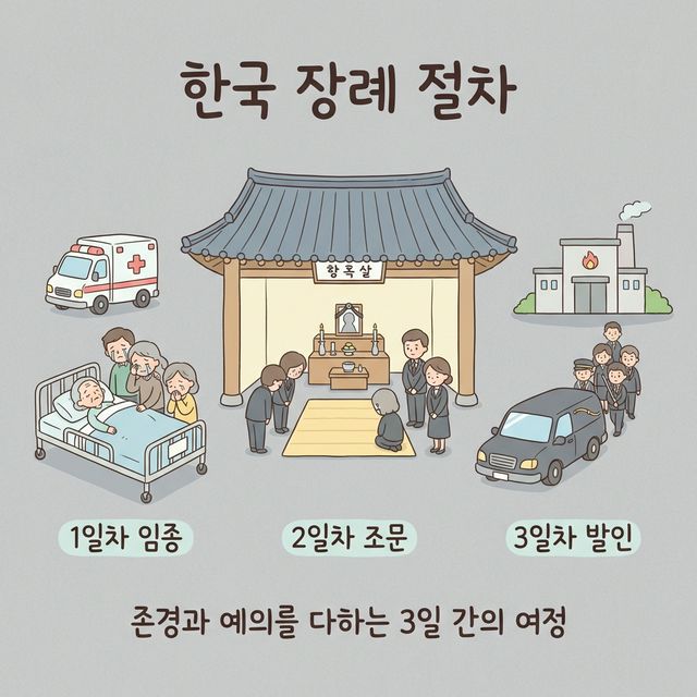 장례 절차 전체 흐름 - 1일차 임종, 2일차 조문, 3일차 발인